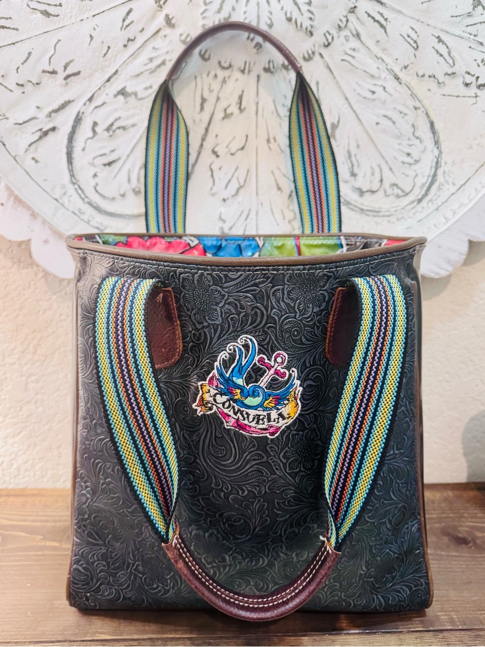 Consuela Brown Embossed Tote with Multicolor Straps